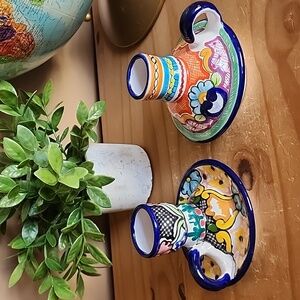 Talavera colorful Mexican pottery candle holder candlestick